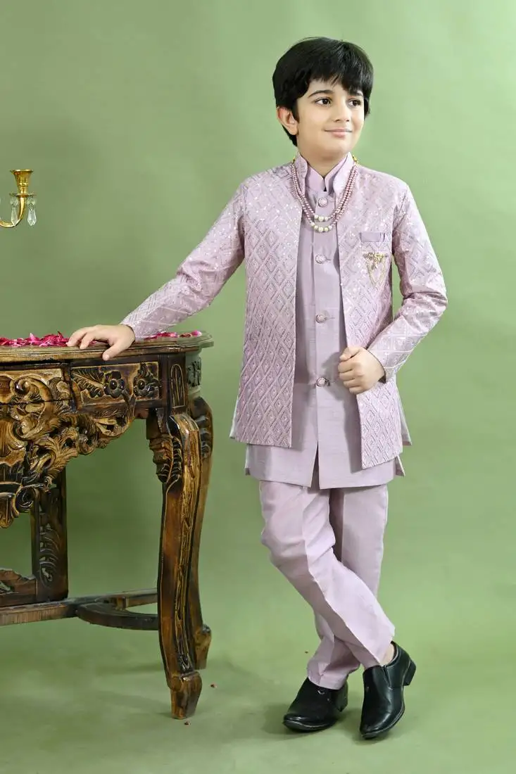 Boys geometric embroidered sequined sherwani with pant & necklace set - lilac