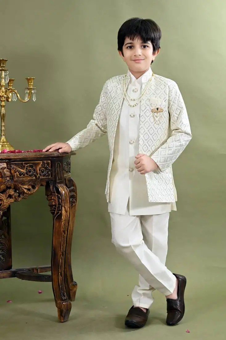 Boys geometric embroidered sequined sherwani with pant & necklace set - white