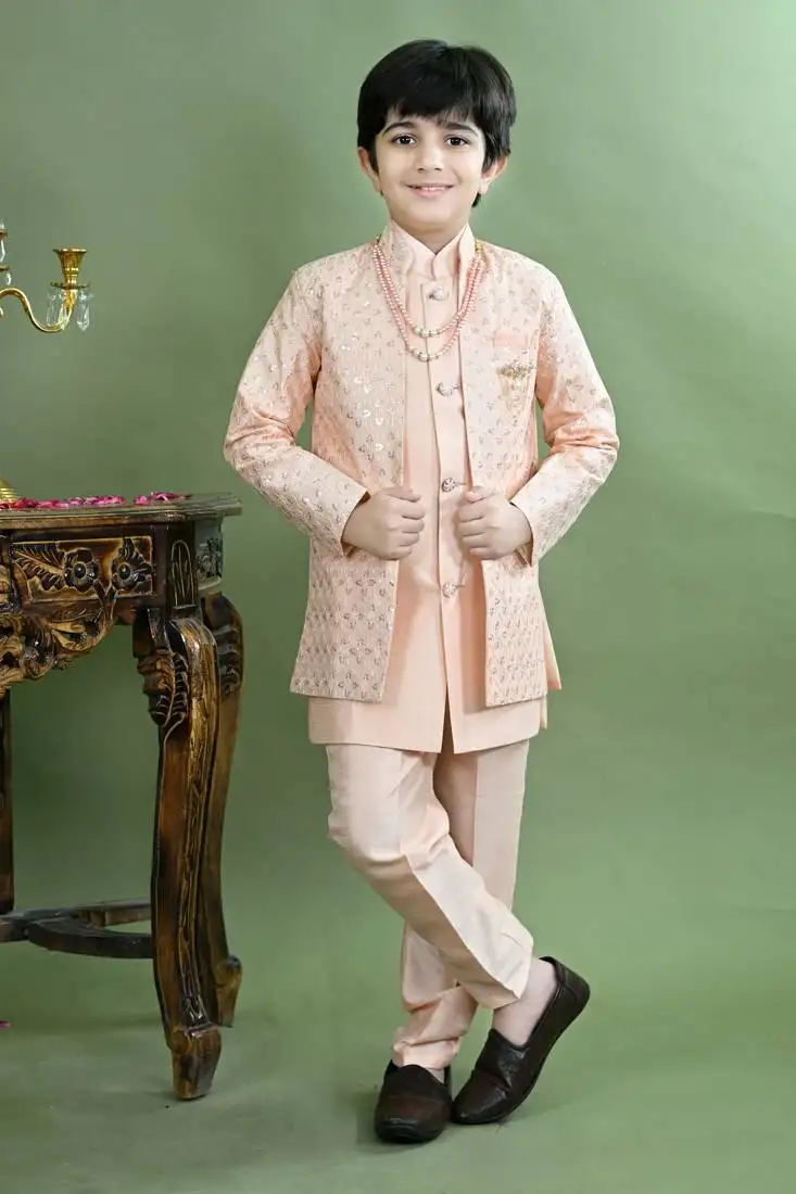 Boys sequined embroidered sherwani with pant & necklace set - peach
