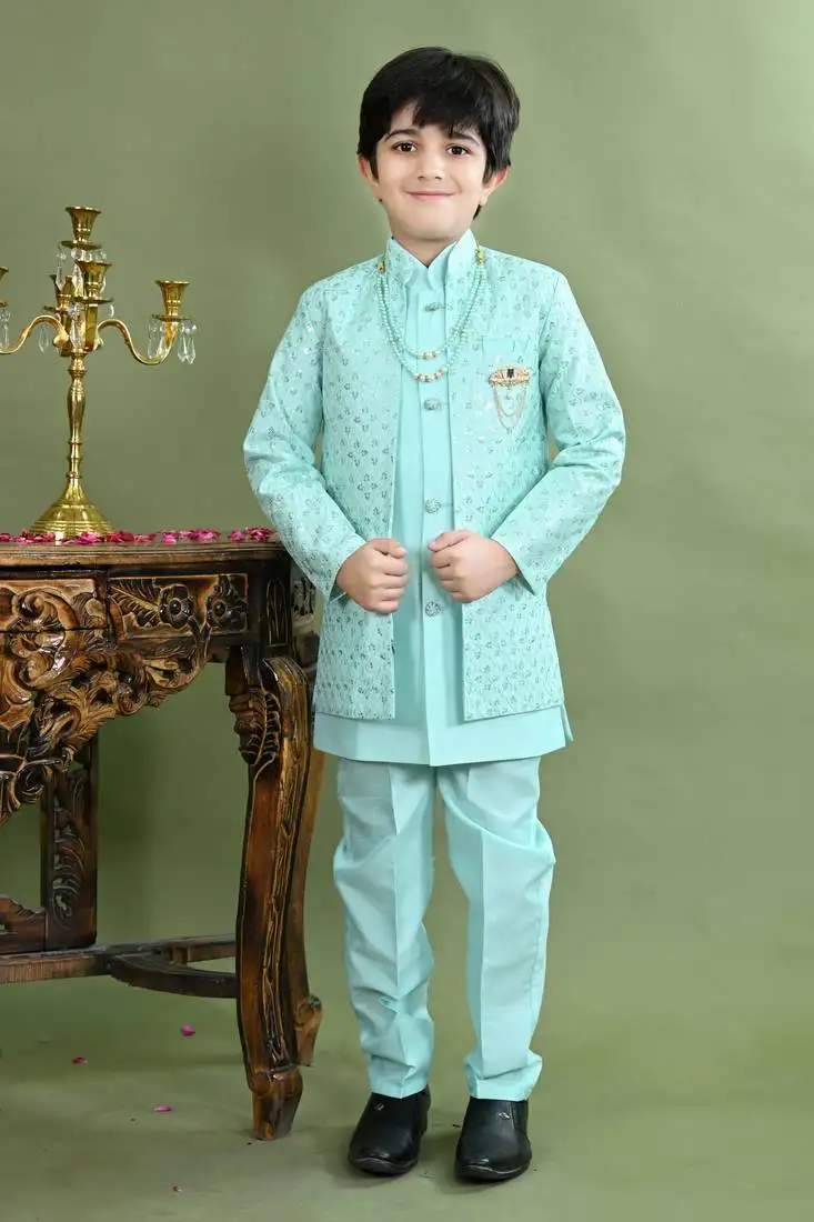 Boys sequined embroidered sherwani with pant & necklace set - turquoise