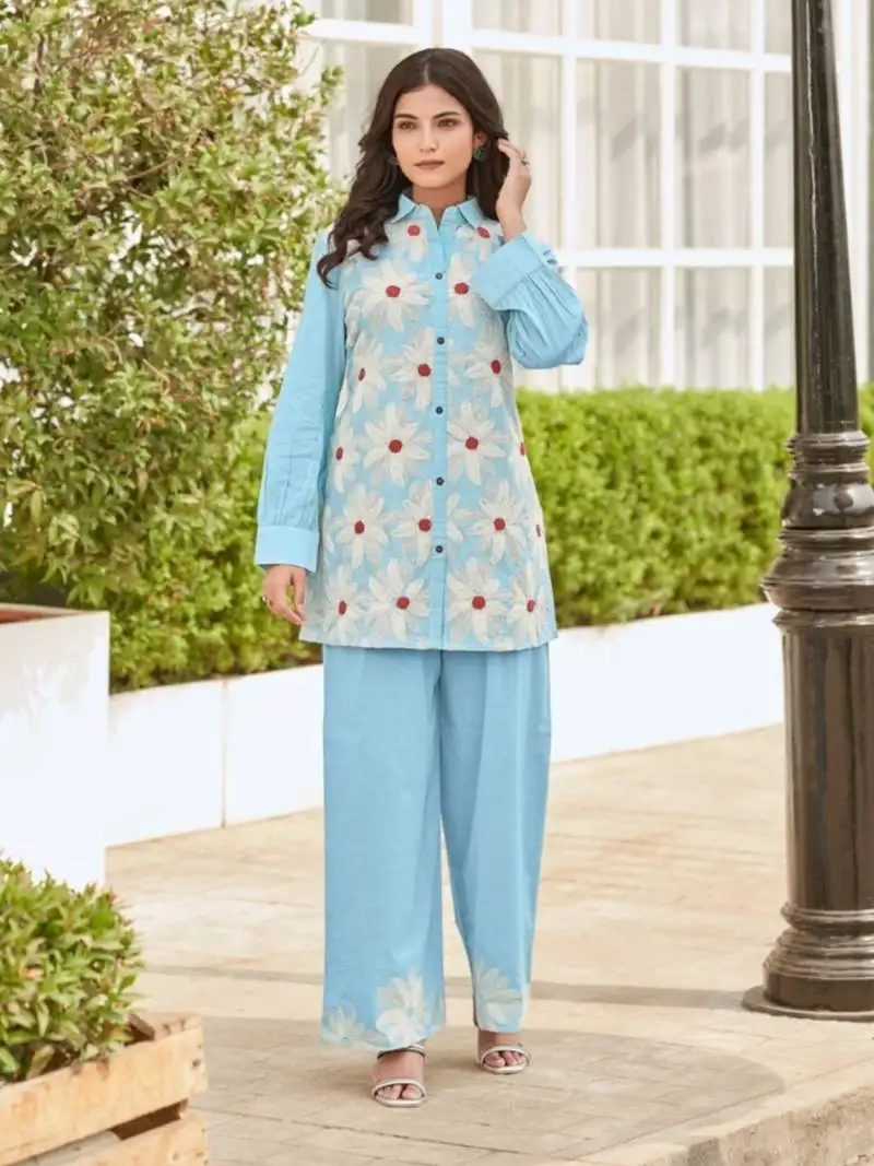Sky blue embroidered cotton iyana sky co-ord sets