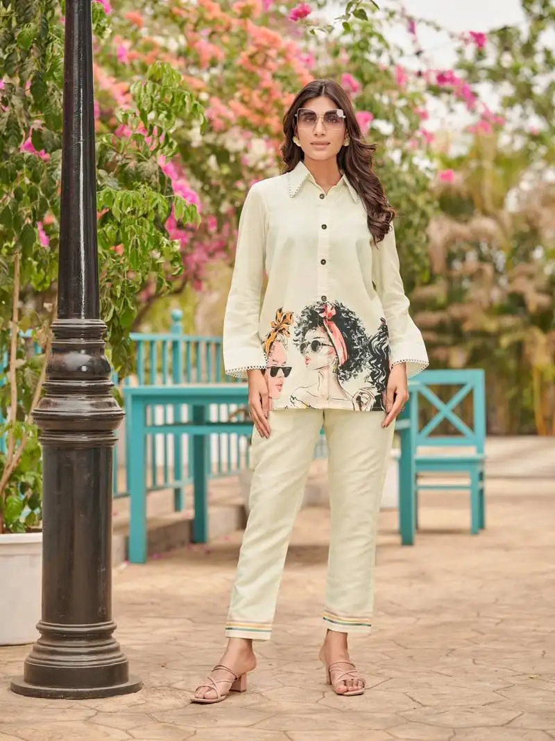 White printed cotton iyana pearl co-ord sets