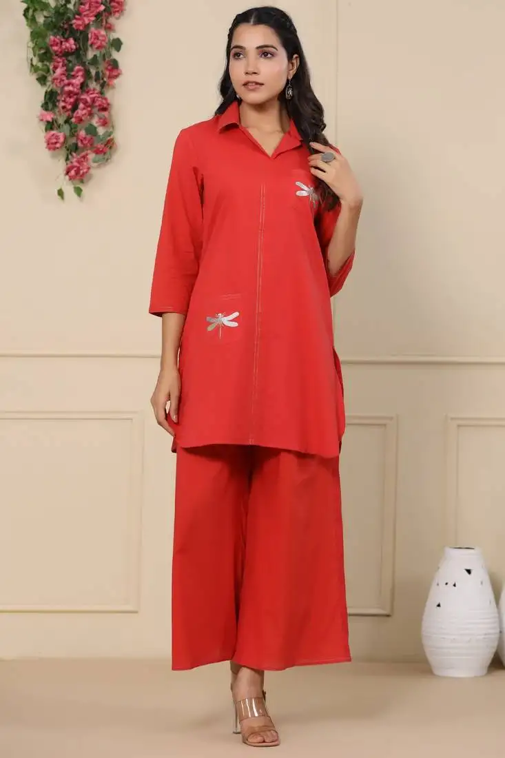 Red plain cotton jayti scarlet co-ord sets