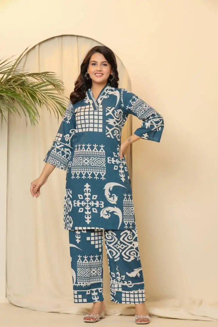 Blue printed cotton hardik hibis co-ord sets