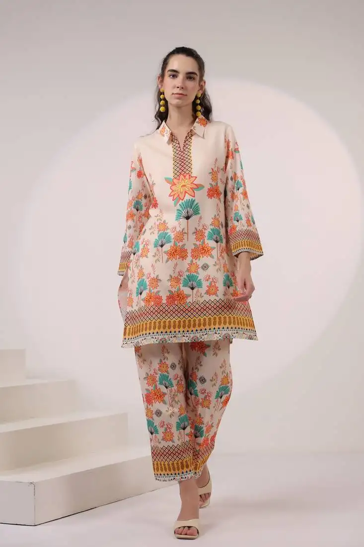 Beige printed linen kara caramel co-ord sets