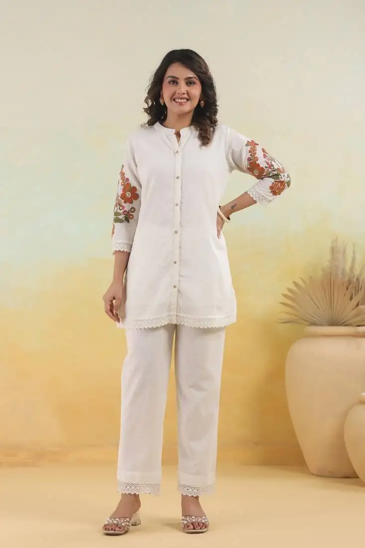 White embroidered cotton hopipola pearl co-ord sets
