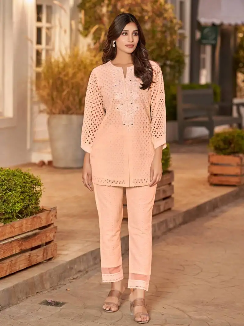 Peach embroidered cotton iyana salmon co-ord sets