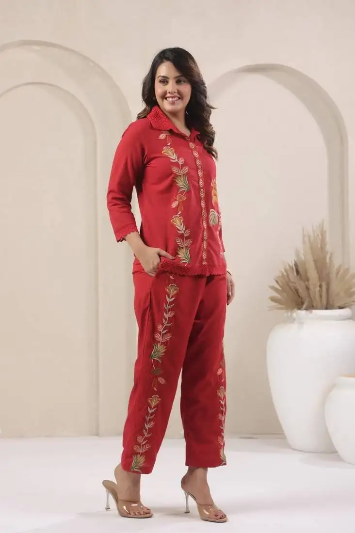 Red embroidered cotton hopipola crimson co-ord sets