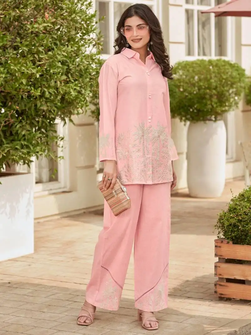 Pink embroidered cotton iyana candy co-ord sets