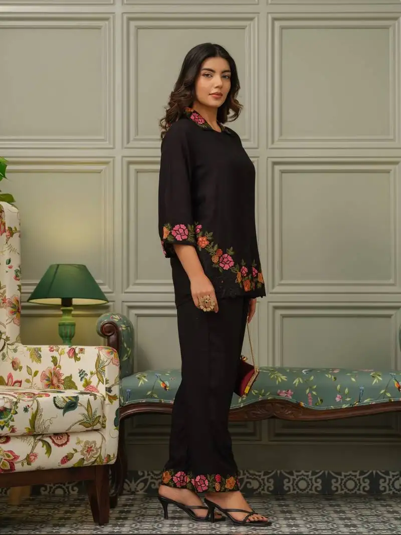 Black embroidered viscose rayon tashvika charcoal co-ord sets