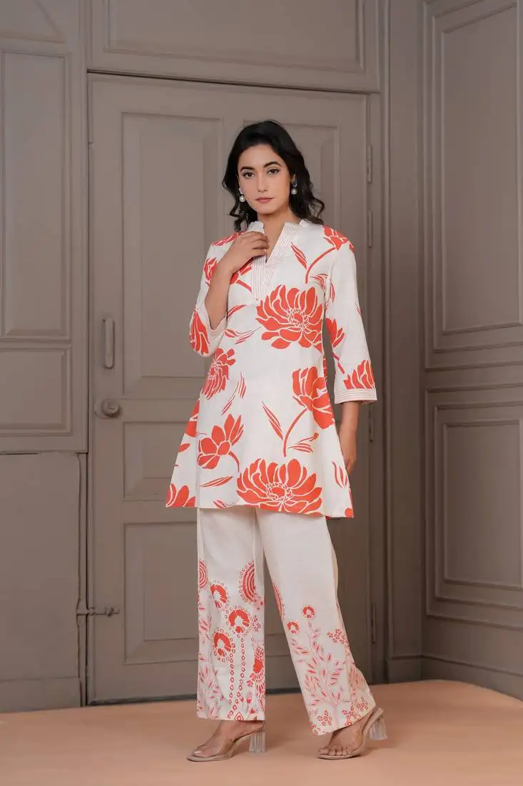 White printed cotton maurya kesari co-ord sets