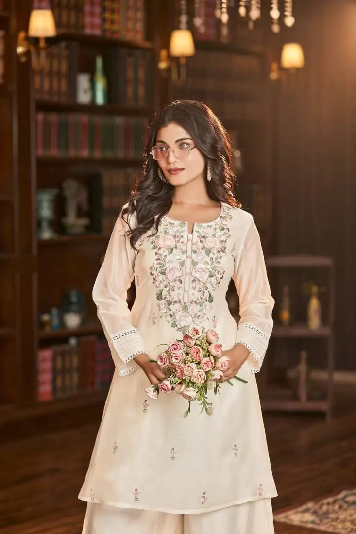 Beige embroidered silk blend gaurisha pearl co-ord sets