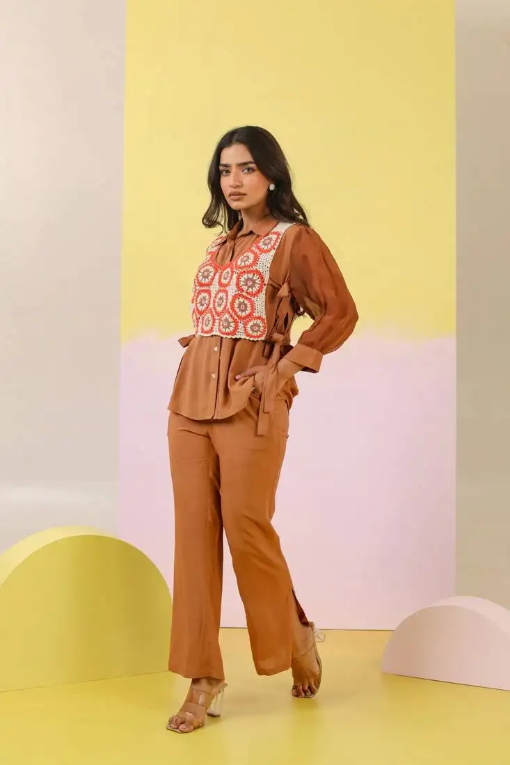 Tan embroidered cotton purna cocoa co-ord sets