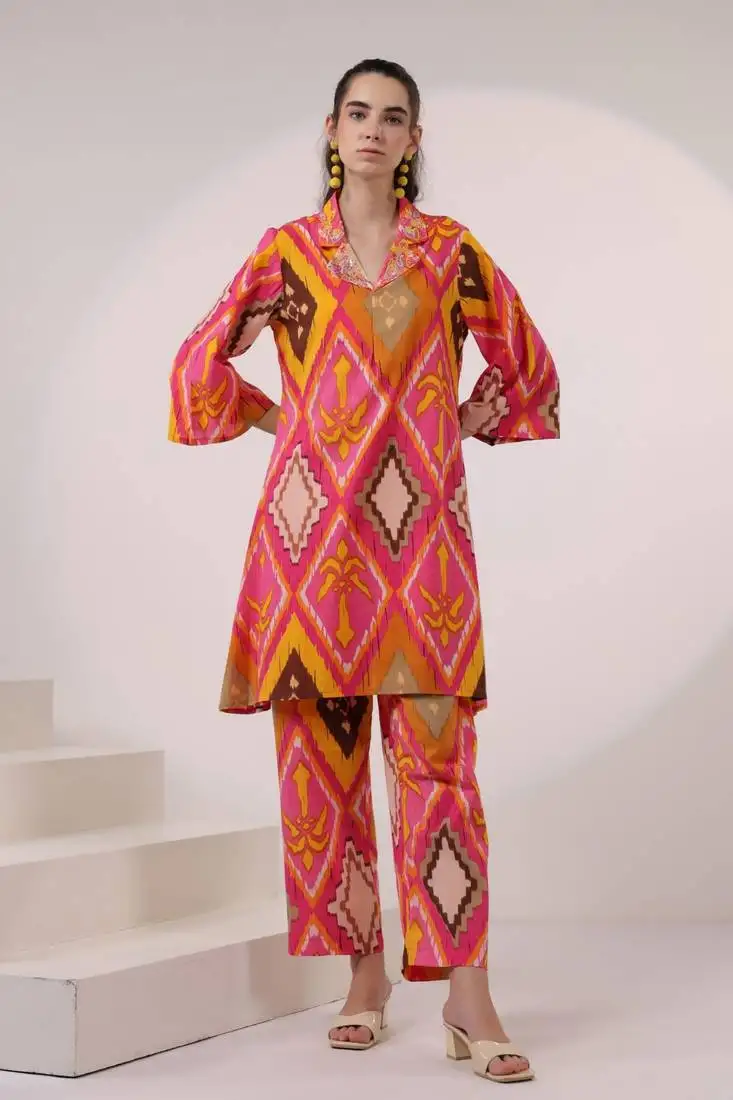 Multicolor printed cotton kara apricot co-ord sets