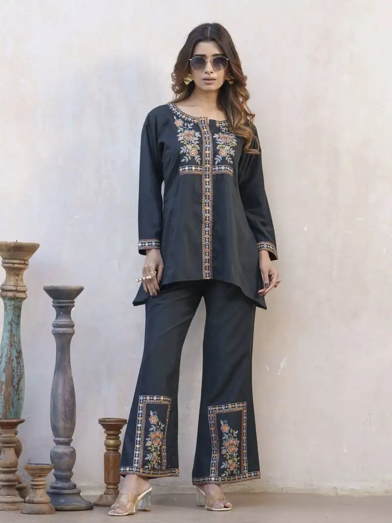 Black embroidered cotton tashvika marine co-ord sets