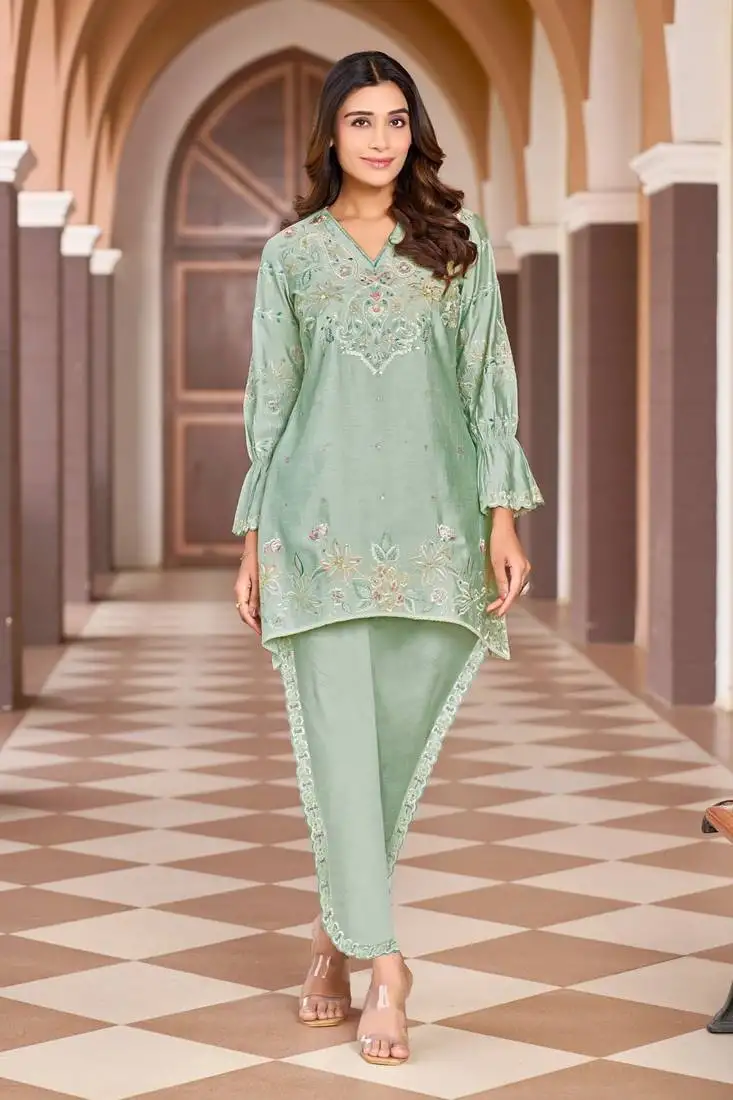 Green embroidered viscose rayon ayat minty co-ord sets