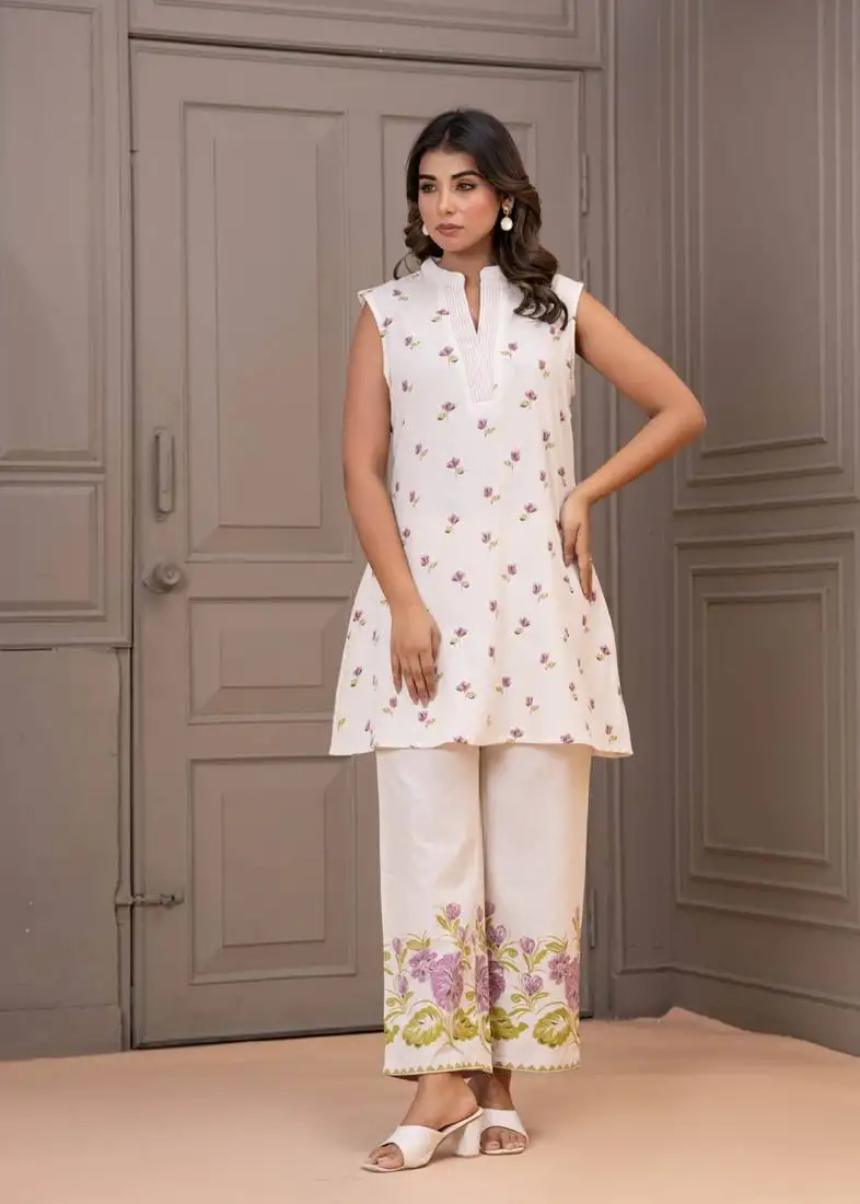 White printed cotton maurya zinnia co-ord sets