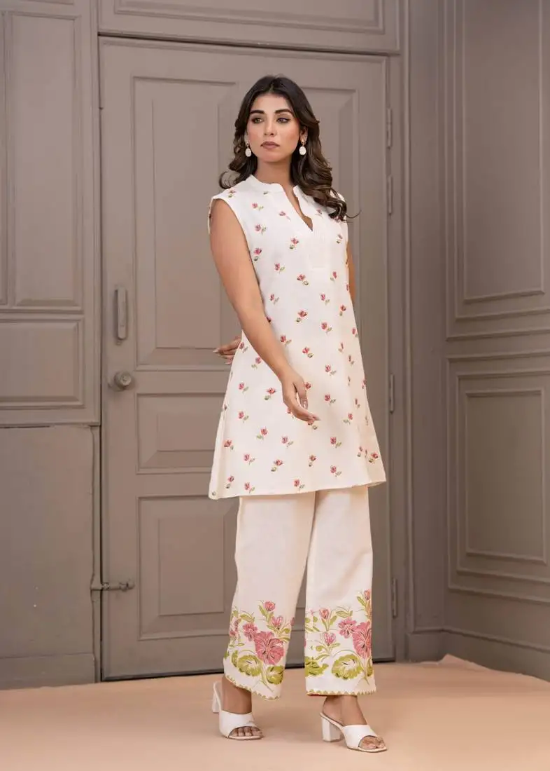 White printed cotton maurya coral co-ord sets