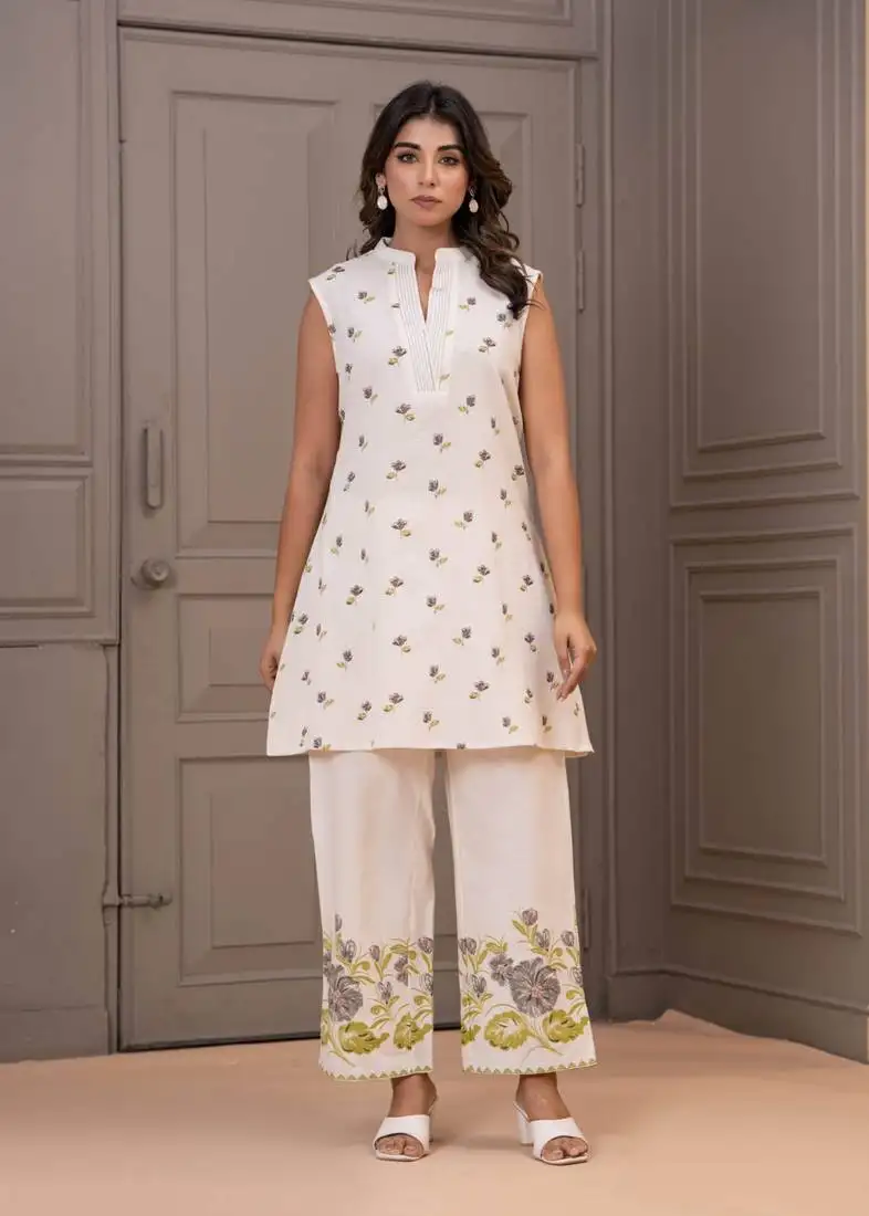 White printed cotton maurya verbena co-ord sets