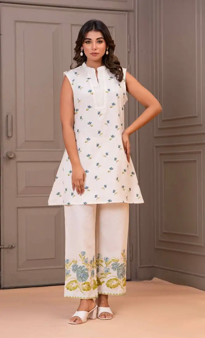 White printed cotton maurya raffles co-ord sets