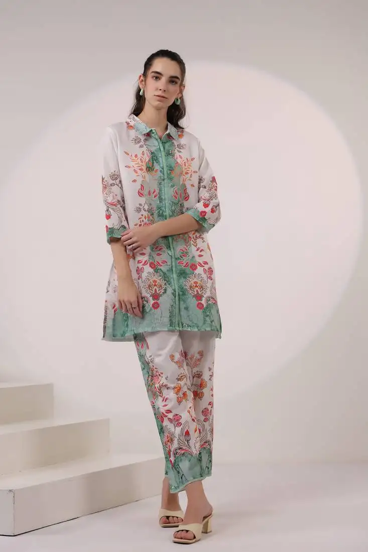 White printed blended cotton kara pine co-ord sets