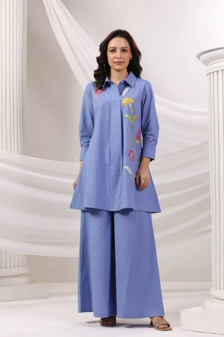 Blue embroidered cotton colba ocean co-ord sets