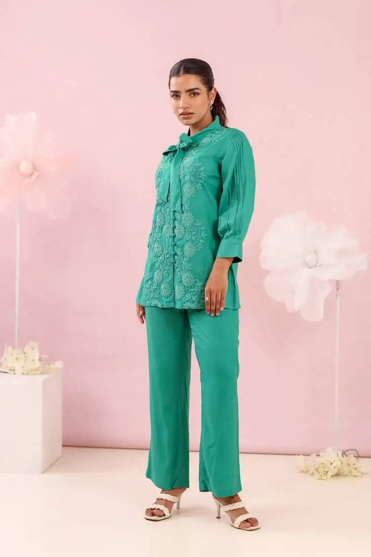 Green embroidered cotton purna emerald co-ord sets