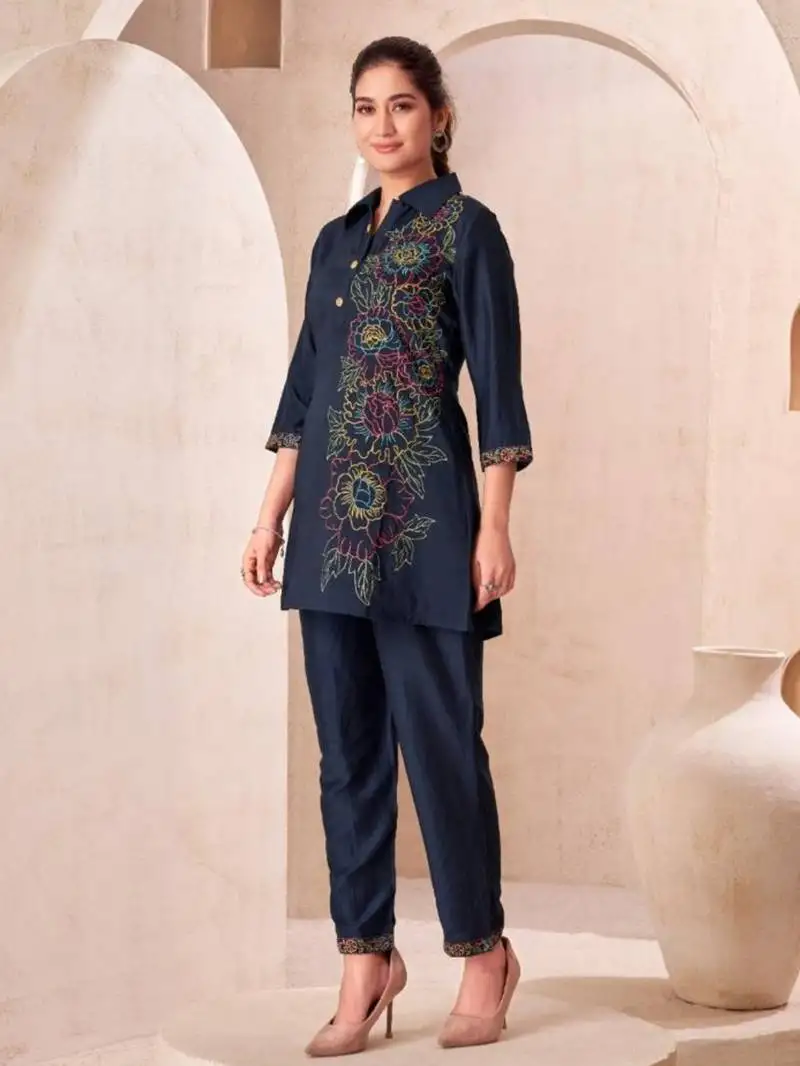 Black embroidered viscose rayon jaideep hibis co-ord sets