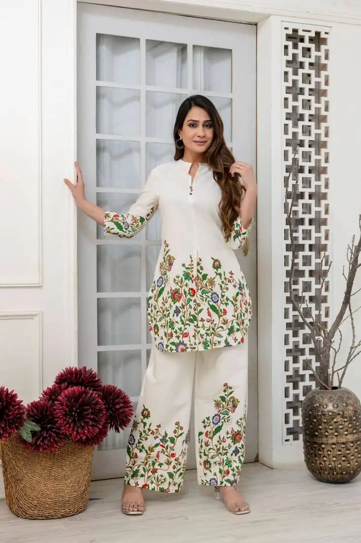 White printed cotton colba vibe co-ord sets