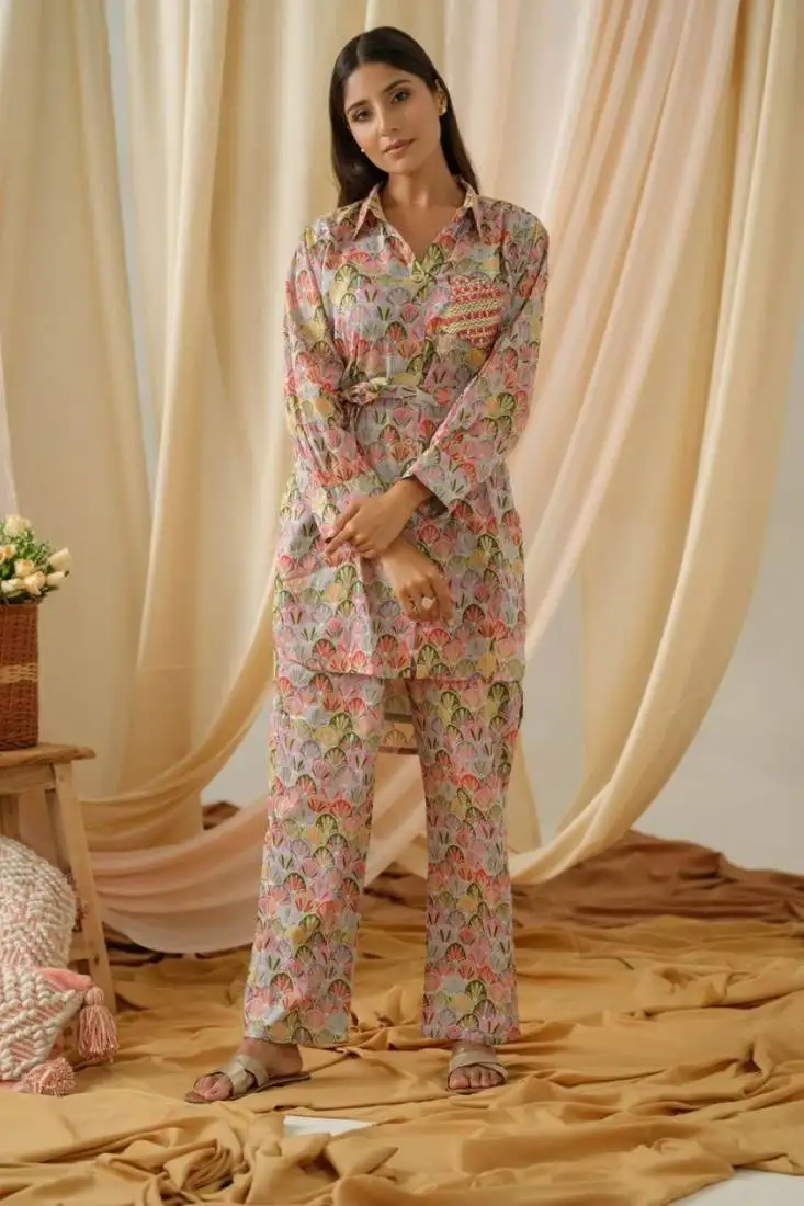 Multicolor printed cotton nelly grey co-ord sets