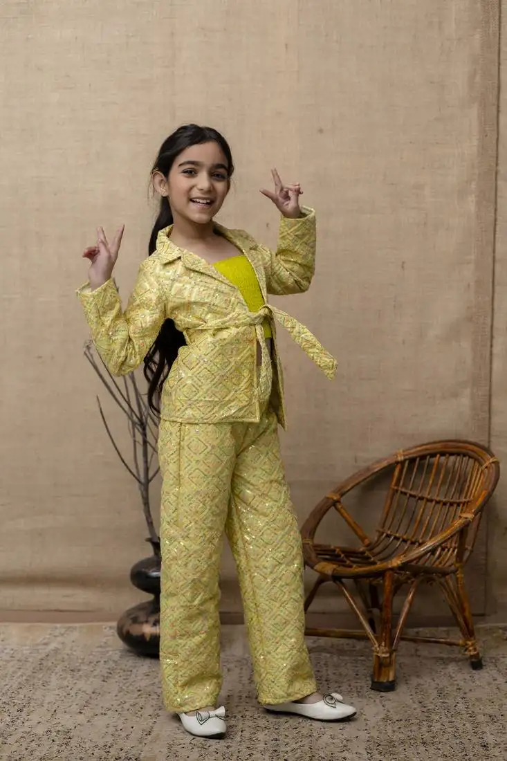 Yellow printed top & pant with jacket co ord set for girls