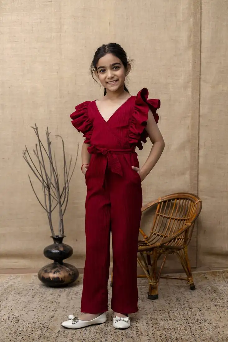 Red viscose printed jumpsuit set for girls