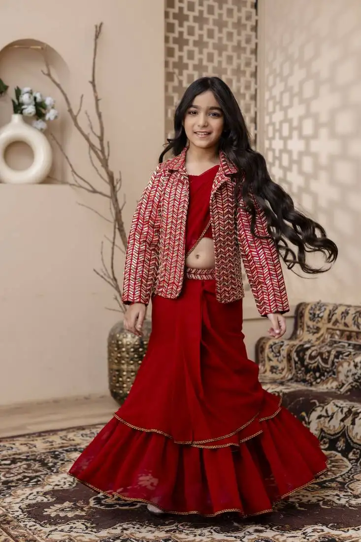 Red georgette printed saree & blouse with jacket for girls