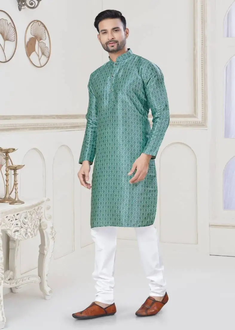 Sky blue jecquard with digital printed kurta payjama for mens wear
