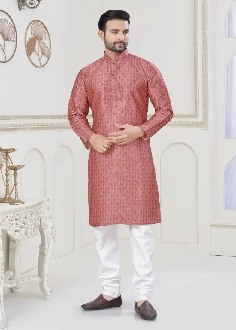 Pink jecquard with digital printed kurta payjama for mens wear