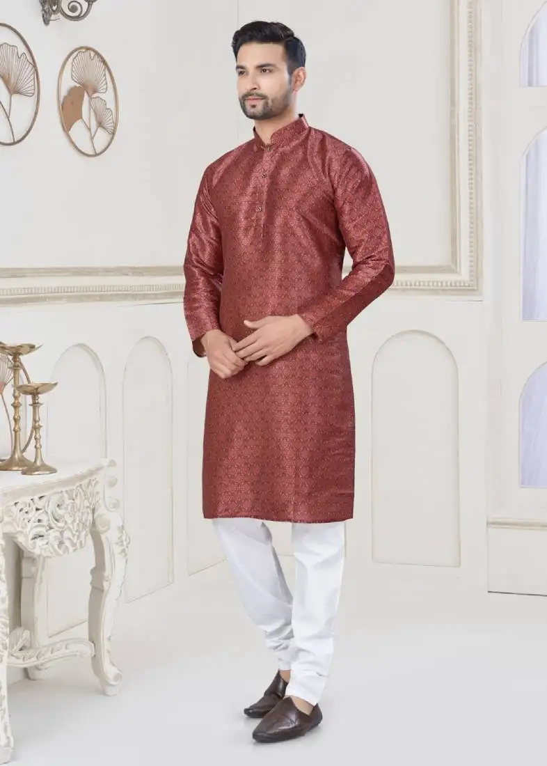 Maroon jecquard with digital printed kurta payjama for mens wear