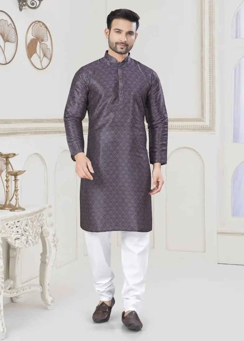 Purple jecquard with digital printed kurta payjama for mens wear