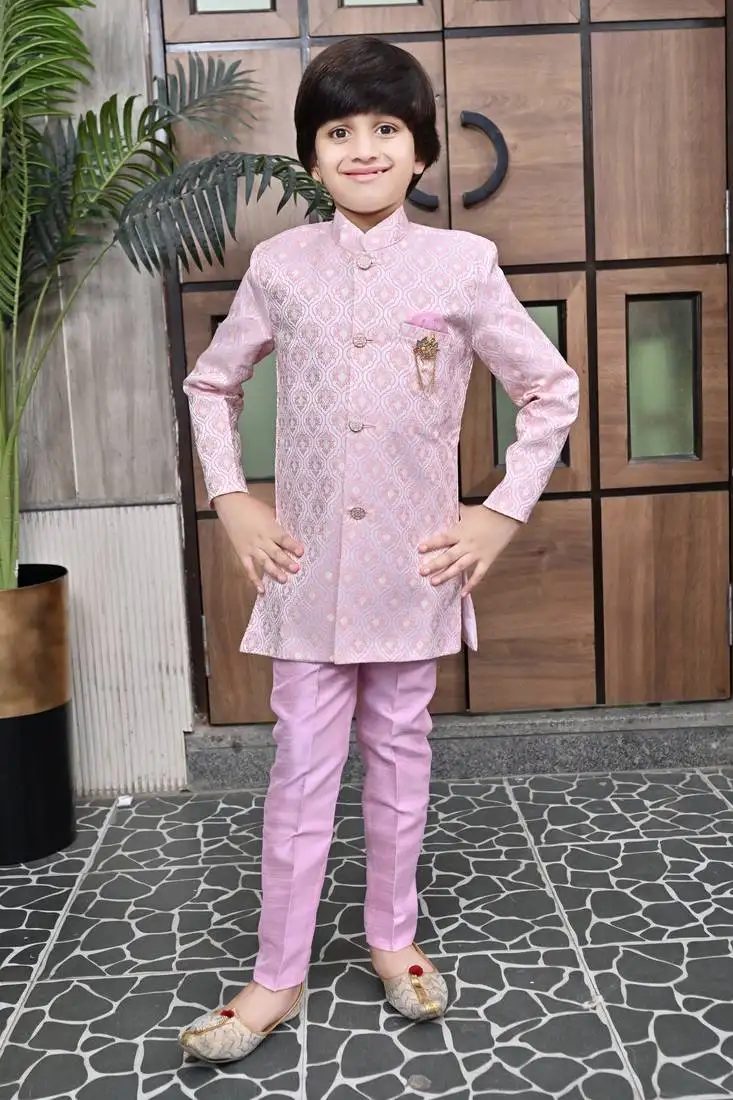 Pink lilac ethnic motifs jacquard sherwani & pant set for boys