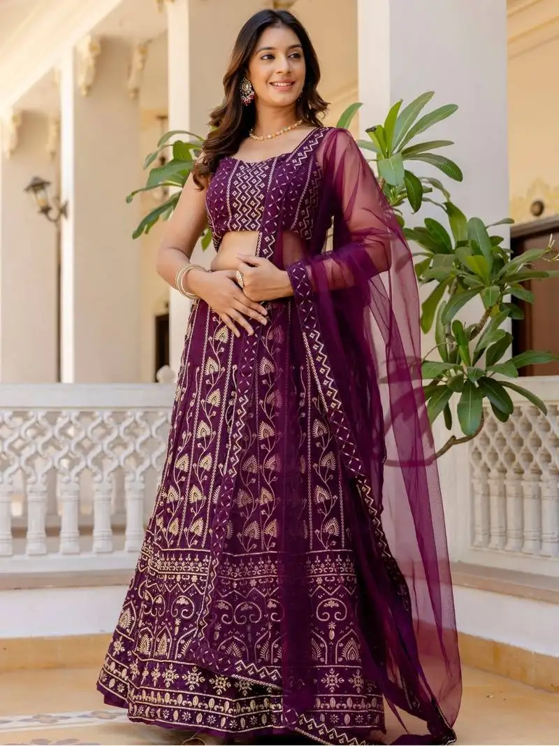 Wine georgette lehenga choli with sequins embroidery