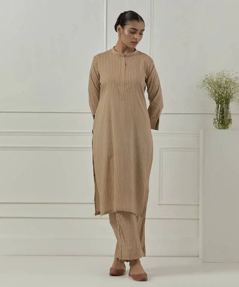 Mustard cotton stripes printed kurta set