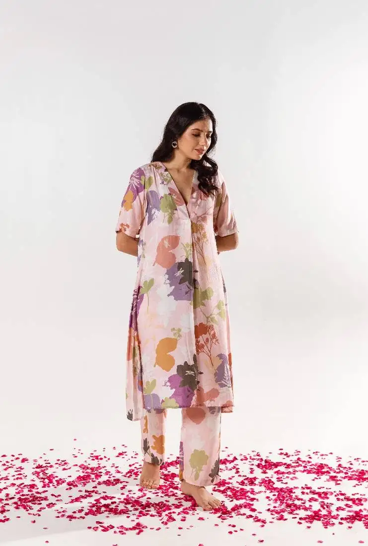 Pink cotton silk printed alara set