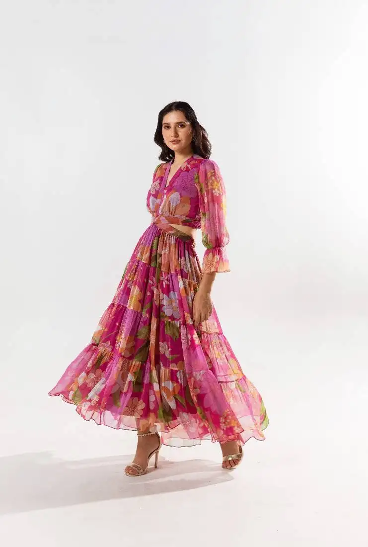 Maroon chiffon printed fleur dress