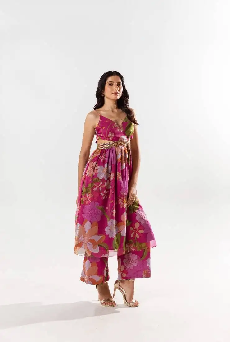 Maroon chiffon printed rosalie set