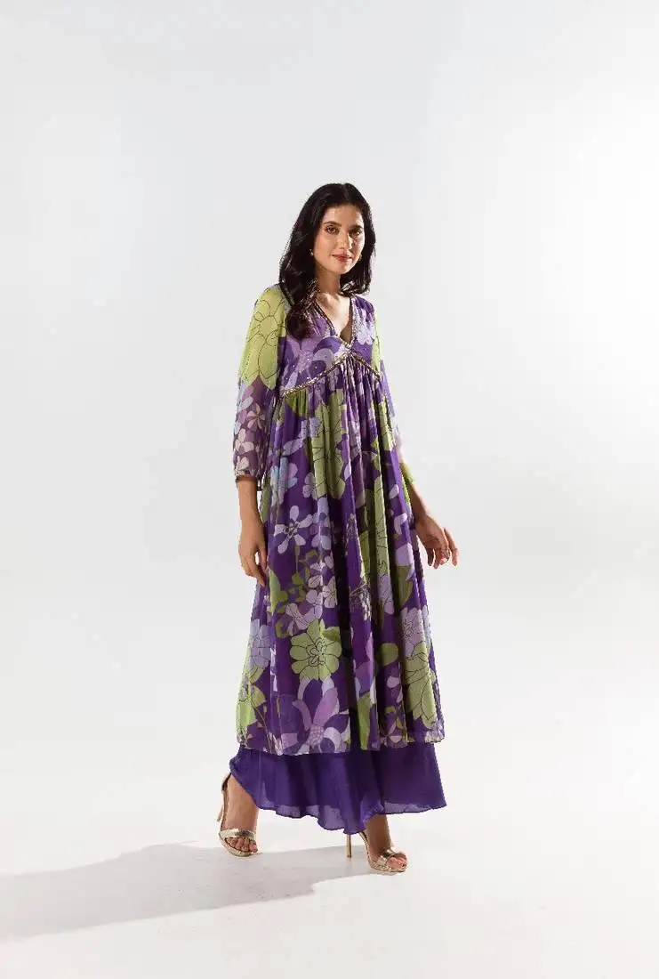 Purple chiffon printed diana set