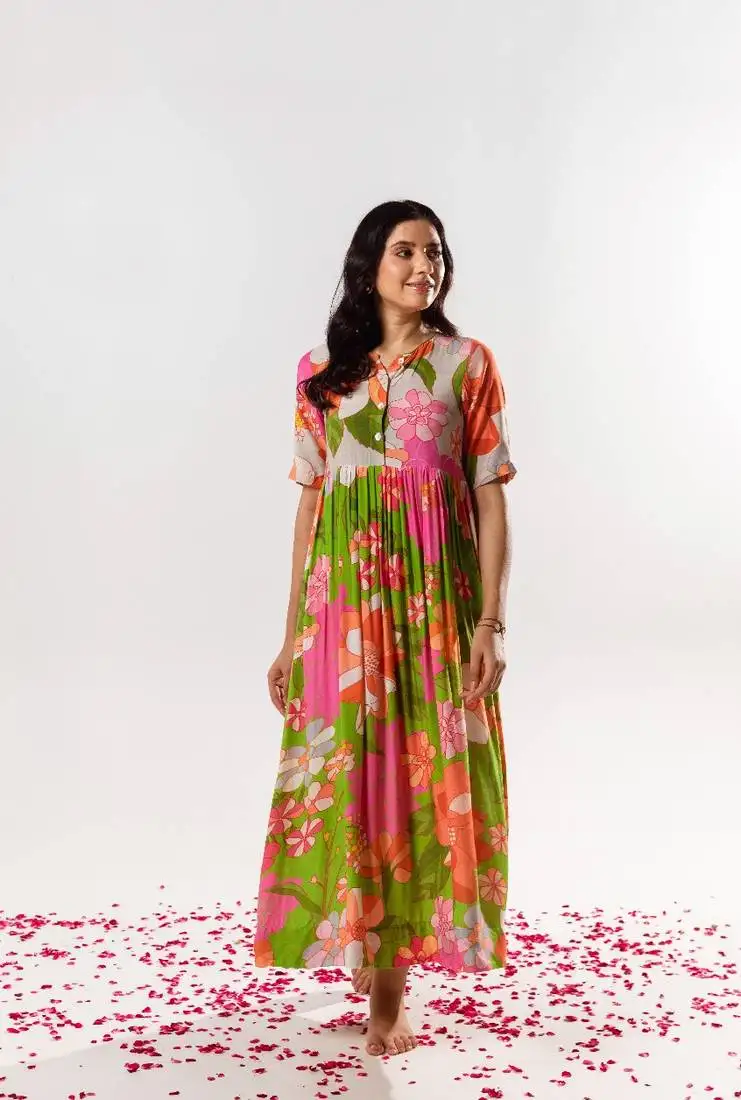 Multicolor cotton silk printed emilia dress