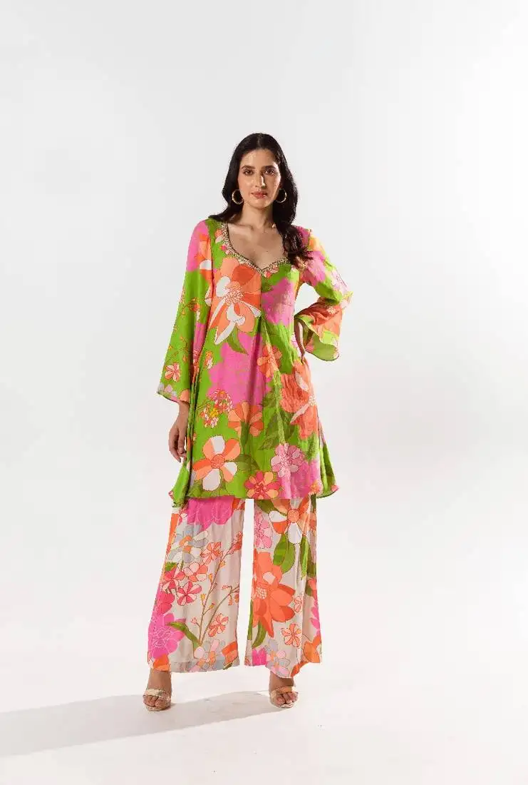 Multicolor cotton silk printed marnie set