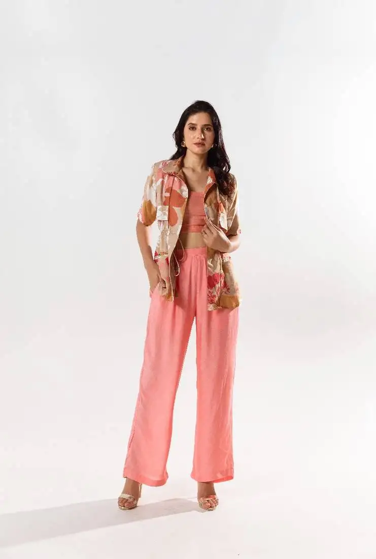 Peach cotton silk printed vienna set