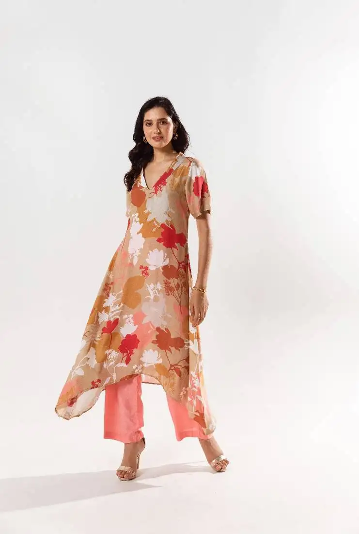 Peach cotton silk printed miley set