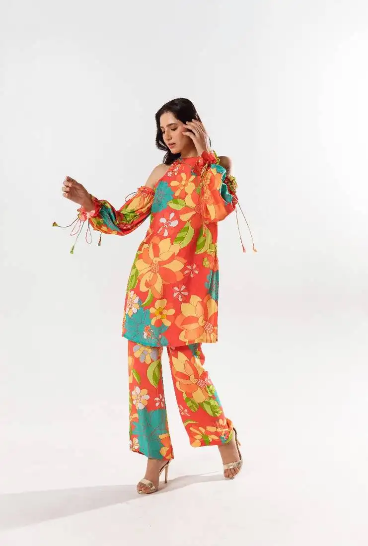 Red cotton silk printed kimi set