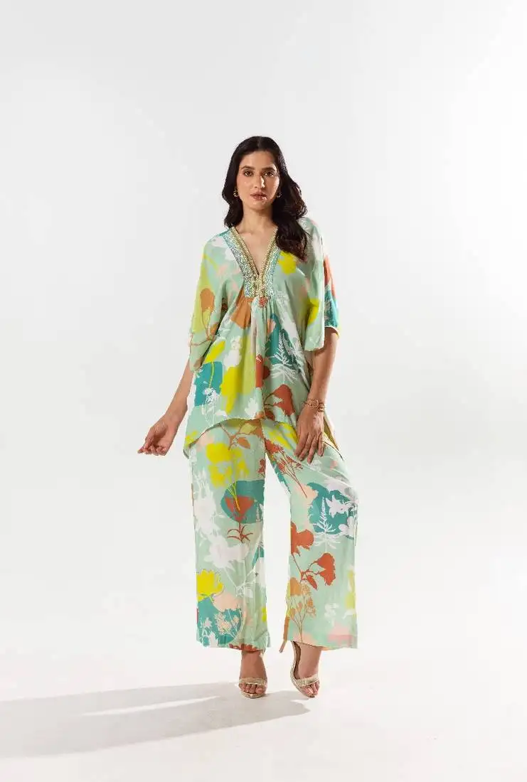 Green cotton silk printed luna set